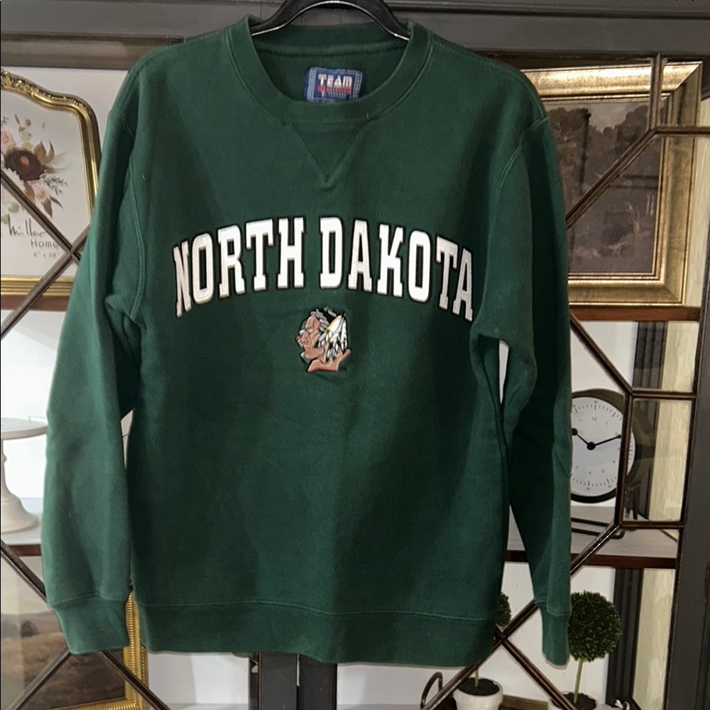Forest Green Crewneck Sweater with North Dakota Text